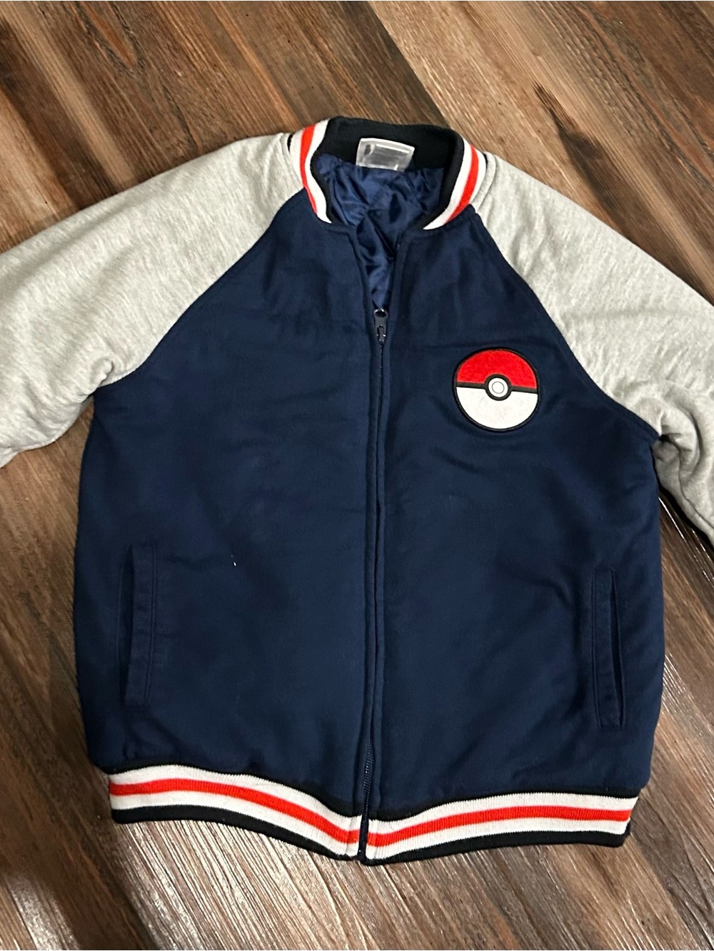 Pokémon Boys Varsity Bomber Jacket Blue Grey Pokéball Patch Size 7/8
